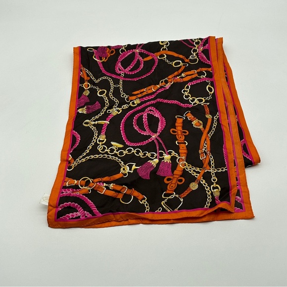 Talbots Multi Color Pink Orange Tassel Print 100% Silk Scarf 12” x 60” - Picture 4 of 6